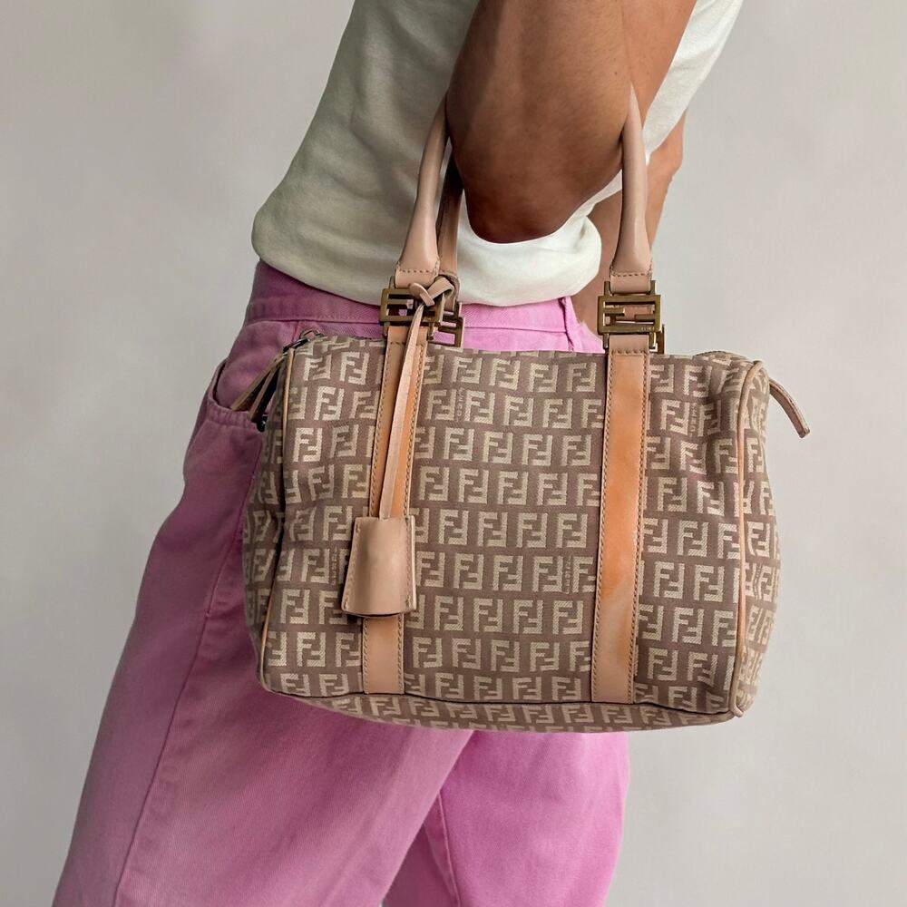 Vintage Fendi Zucchino Mini Boston Bag - Tan & Cream (2005-06)
